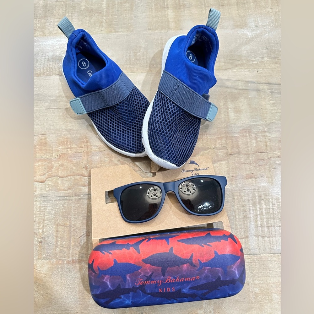 Cat & Jack Tommy Bahama swim shoes and shark sunglasses kids boy toddler